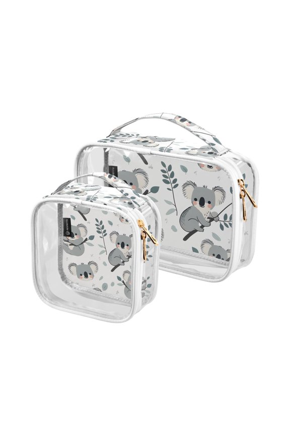 Koalas Leaves Grey Clear Cosmetic Bags with Handles PVC Toiletry Bags Zipper Waterproof Portable for Traveling 2 Pcs