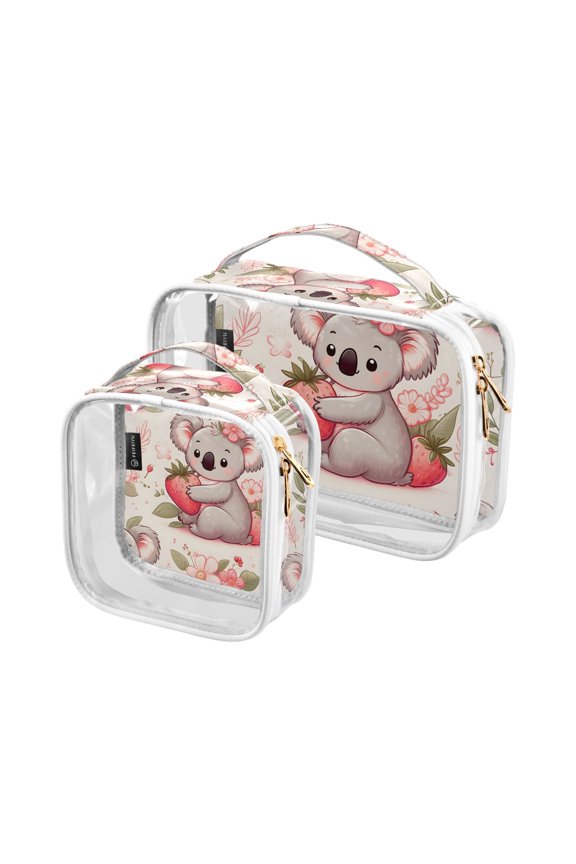 Koalas Strawberry Clear Cosmetic Bags with Handles PVC Toiletry Bags Zipper Waterproof Portable for Traveling 2 Pcs