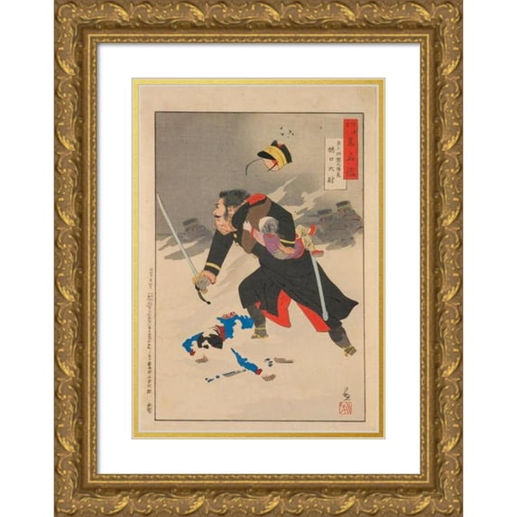 Kobayashi Kiyochika 11x14 Gold Ornate Wood Frame and Double Matted Museum Art Print Titled - Captain Higuchi, Company Commander in the Sixth Division, from the Series ‘Mirror of Famous Army
