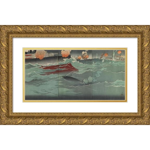 Kobayashi Kiyochika 14x9 Gold Ornate Wood Frame and Double Matted Museum Art Print Titled - Our Torpedo Hitting a Russian Warship at the Great Naval Battle of Port Arthur (1904)