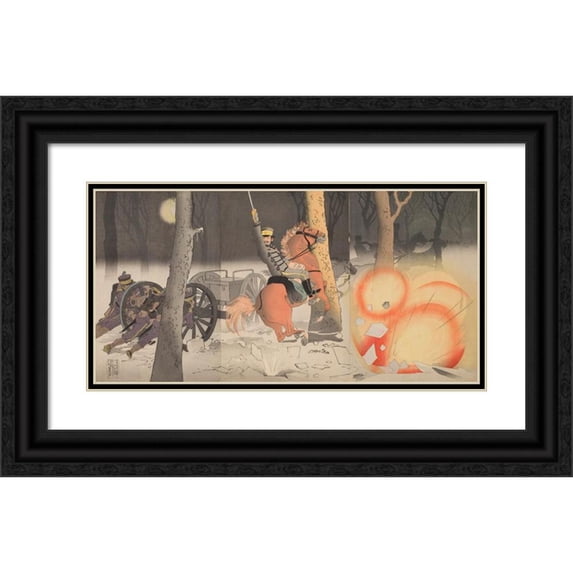 Kobayashi Kiyochika 18x11 Black Ornate Wood Framed Double Matted Museum Art Print Titled - Ground Attack at Weihaiwei (1895)