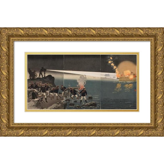 Kobayashi Kiyochika 18x11 Gold Ornate Wood Frame and Double Matted Museum Art Print Titled - The Use of Electricity During the Attack on Pyeongyang (1894)