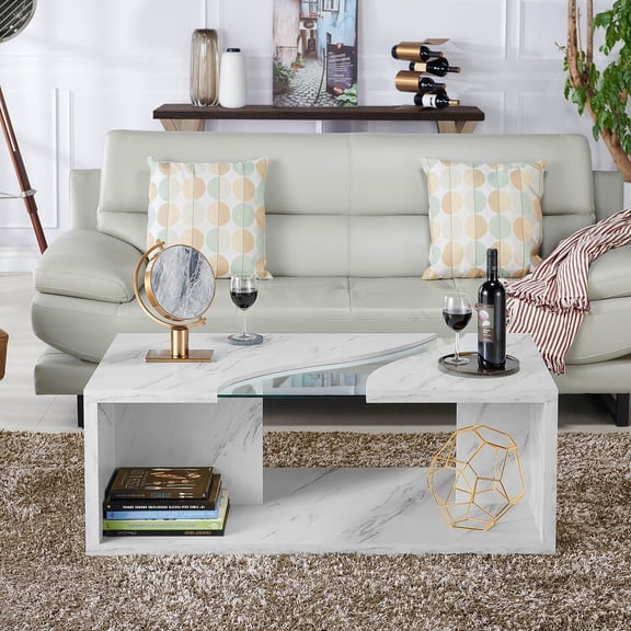 Kobe 1-Shelf Glass Top Coffee Table, Marble White