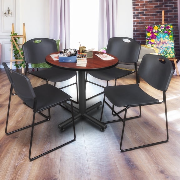 Regency Kobe 30 in. Round X-Base Breakroom Table- Cherry, 4 Zeng Stack Chairs- Black