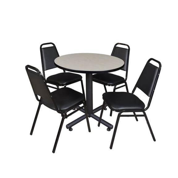 Regency Kobe 30 in. Round X-Base Breakroom Table- Maple, 4 Restaurant Stack Chairs- Black