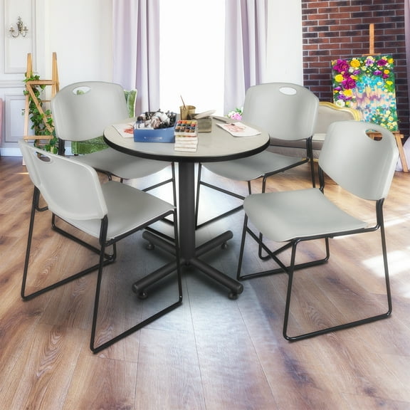 Regency Kobe 30 in. Round X-Base Breakroom Table- Maple, 4 Zeng Stack Chairs- Grey