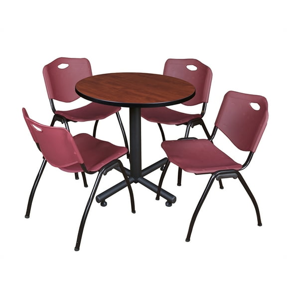 Kobe 30in. Round Breakroom Table- Cherry & 4 'M' Stack Chairs- Burgundy