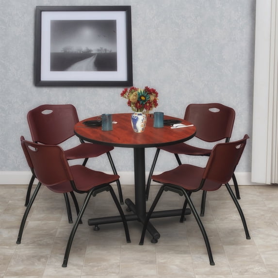 Kobe 30in. Round Breakroom Table- Cherry & 4 'M' Stack Chairs- Burgundy