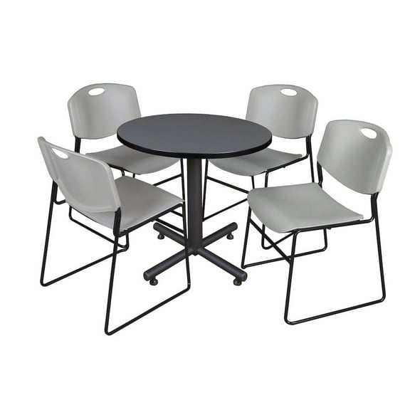 Kobe 30in. Round Breakroom Table- Grey & 4 Zeng Stack Chairs- Grey