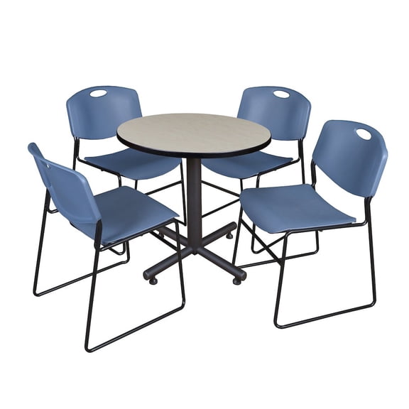 Regency Round Table with 4 Zeng Stack Chairs in Maple and Blue