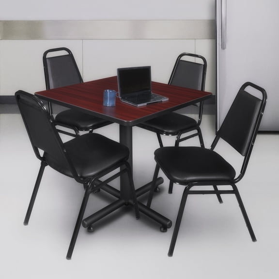 Kobe 30in. Square Breakroom Table- Mahogany & 4 Restaurant Stack Chairs- Black