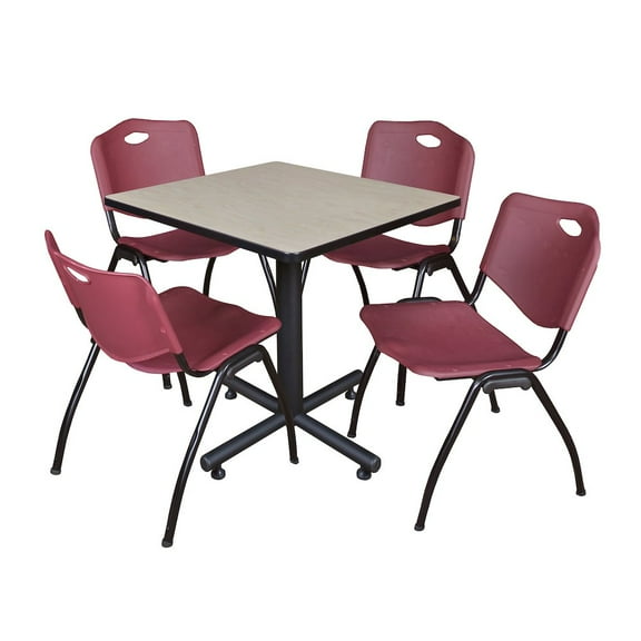 Kobe 30in. Square Breakroom Table- Maple & 4 'M' Stack Chairs- Burgundy
