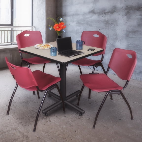 Kobe 30in. Square Breakroom Table- Maple & 4 'M' Stack Chairs- Burgundy