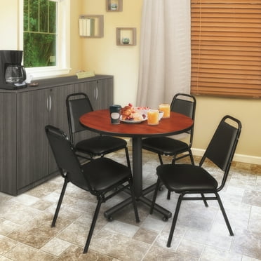 Regency Kobe 36 in. Round X-Base Breakroom Table- Cherry, 4 Restaurant Stack Chairs- Black