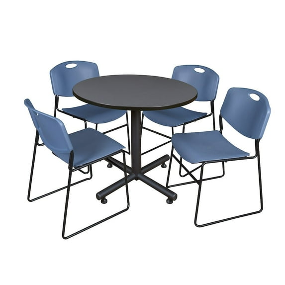 Regency 36 in. Round X-Base Breakroom Table- Grey, 4 Zeng Stack Chairs- Blue