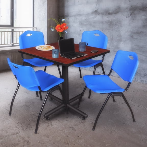Regency Kobe 36" Square Breakroom Table- Cherry & 4 'M' Stack Chairs- Blue