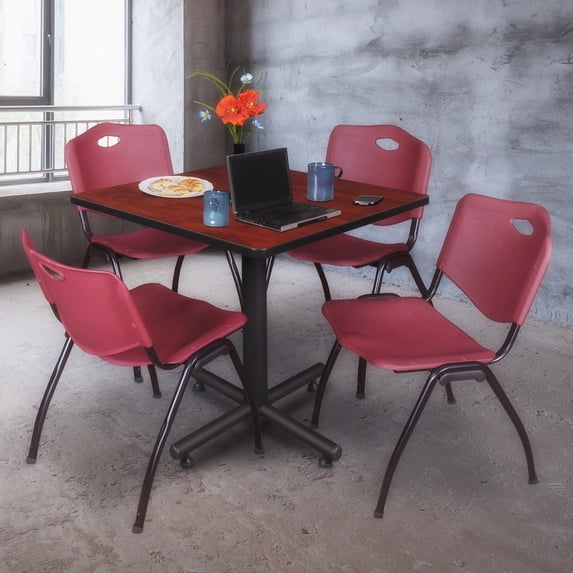 Regency Kobe 36 in. Square X-Base Breakroom Table- Cherry, 4 M Stack Chairs- Burgundy