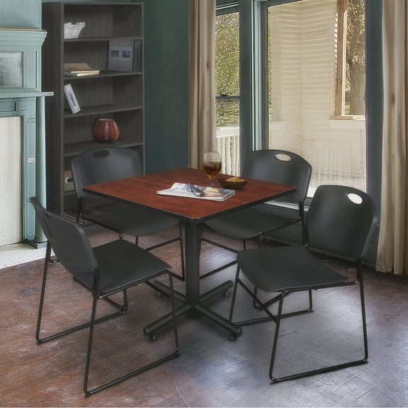 Regency Kobe 36 in. Square X-Base Breakroom Table- Cherry, 4 Zeng Stack Chairs- Black