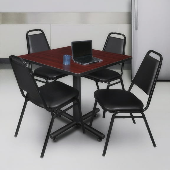 Regency Kobe 36 in. Square X-Base Breakroom Table- Mahogany, 4 Restaurant Stack Chairs- Black