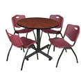 thumbnail image 1 of Kobe 36in. Round Breakroom Table- Cherry & 4 'M' Stack Chairs- Burgundy, 1 of 8