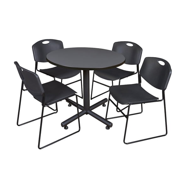 Kobe 36in. Round Breakroom Table- Grey & 4 Zeng Stack Chairs- Black