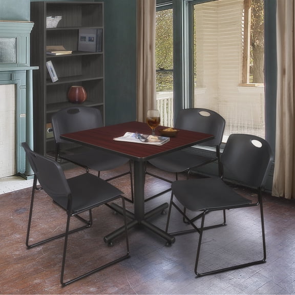 Kobe 36in. Square Breakroom Table- Mahogany & 4 Zeng Stack Chairs- Black