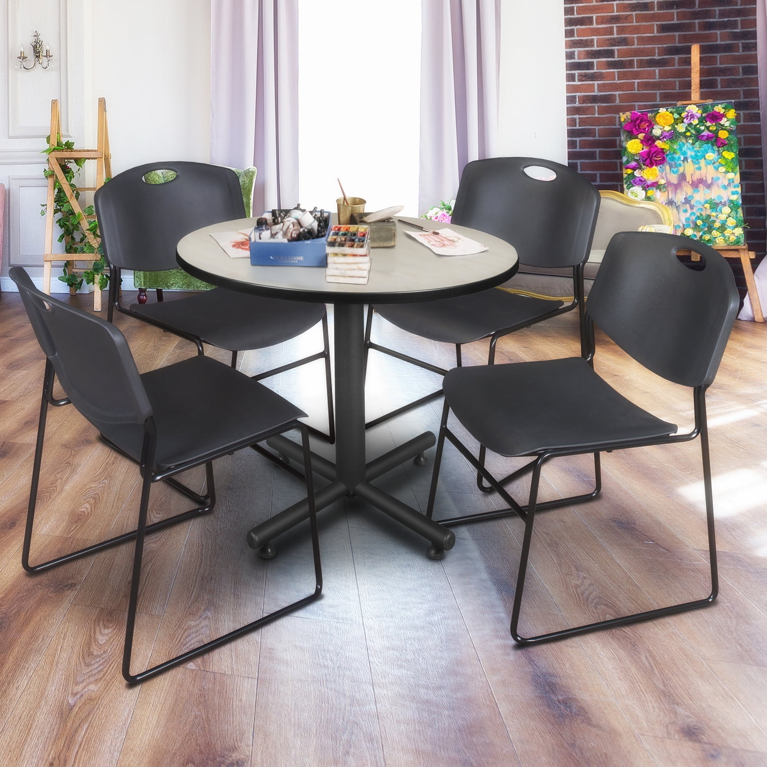 Kobe 42" Maple White Melamine Round Breakroom Table & 4 Black Metal Chairs Set
