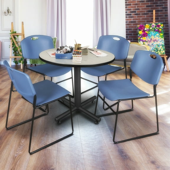 Regency Kobe 42 in. Round X-Base Breakroom Table- Maple, 4 Zeng Stack Chairs- Blue