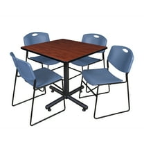 Regency Kobe 42 in. Square X-Base Breakroom Table- Cherry, 4 Zeng Stack Chairs- Blue