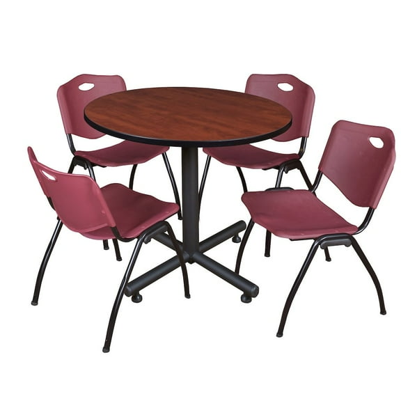 Kobe 42in. Round Breakroom Table- Cherry & 4 'M' Stack Chairs- Burgundy