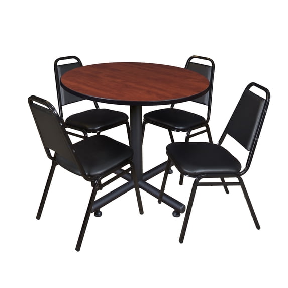 Kobe 42in. Round Breakroom Table- Cherry & 4 Restaurant Stack Chairs- Black