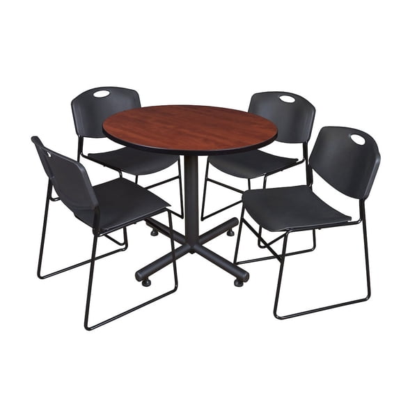 Kobe 42in. Round Breakroom Table- Cherry & 4 Zeng Stack Chairs- Black