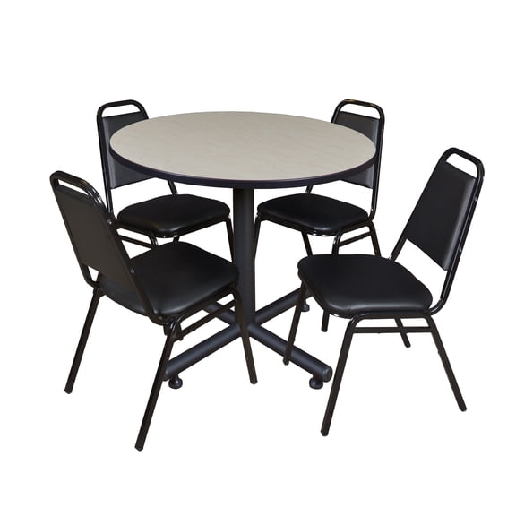 Regency Kobe 42 in. Round X-Base Breakroom Table- Maple, 4 Restaurant Stack Chairs- Black