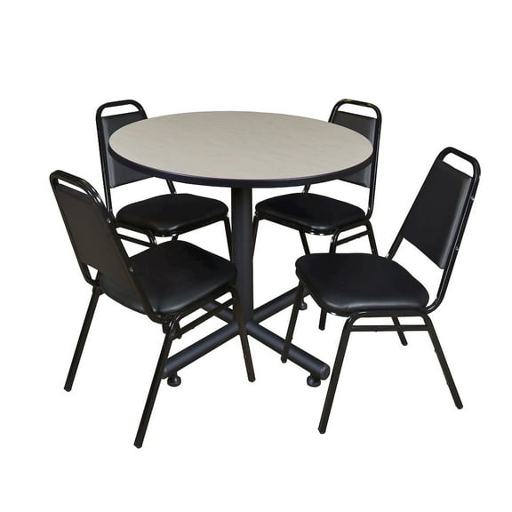 Kobe 42in. Round Breakroom Table- Maple & 4 Restaurant Stack Chairs- Black