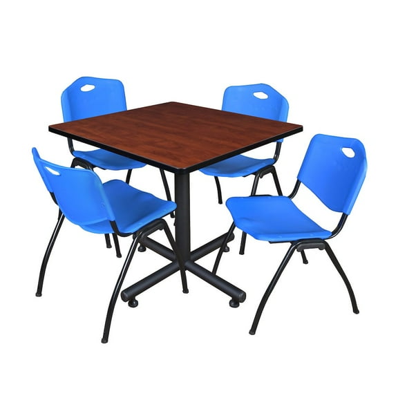 Kobe 42in. Square Breakroom Table- Cherry & 4 'M' Stack Chairs- Blue
