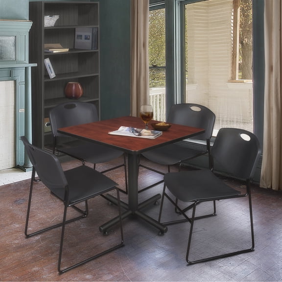 Kobe 42in. Square Breakroom Table- Cherry & 4 Zeng Stack Chairs- Black