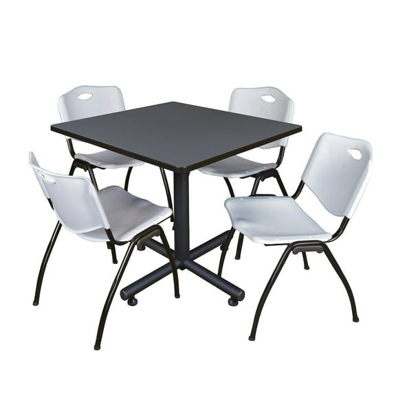 Kobe 42in. Square Breakroom Table- Grey & 4 'M' Stack Chairs- Grey