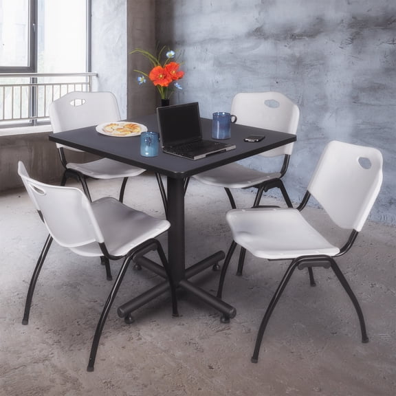 Kobe 42" Square Breakroom Table- Grey & 4 'M' Stack Chairs- Grey