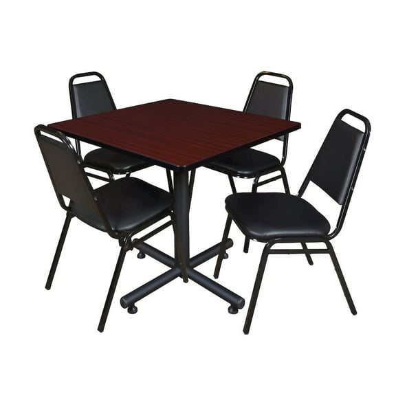 Kobe 42in. Square Breakroom Table- Mahogany & 4 Restaurant Stack Chairs- Black