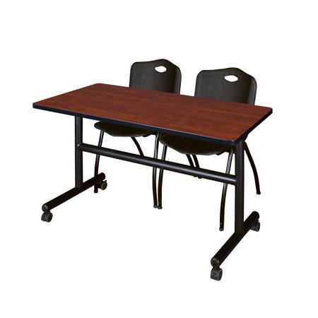 Kobe 48" Cherry Flip Top Mobile Training Table and 2 'M' Stack Chairs, Multiple Colors- Cherry/Black