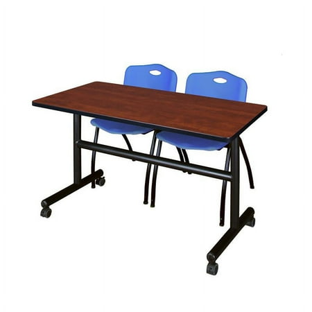 Kobe 48" Flip Top Mobile Training Table- Cherry & 2 'M' Stack Chairs- Blue