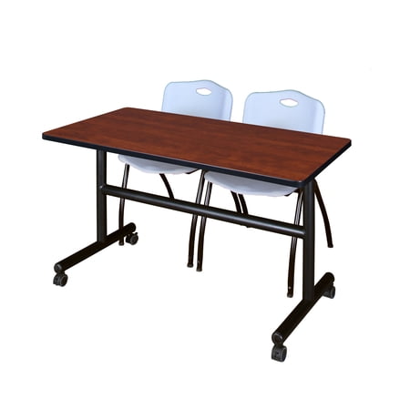 Regency Kobe 48 x 24 in. Flip-Top Training Nesting Table- Cherry, 2 M Stack Chairs- Grey