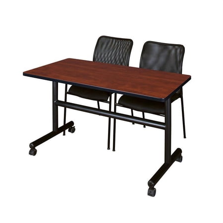 Kobe 48" Flip Top Mobile Training Table- Cherry & 2 Mario Stack Chairs- Black