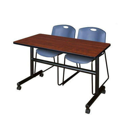 Kobe 48" Flip Top Mobile Training Table- Cherry & 2 Zeng Stack Chairs- Blue