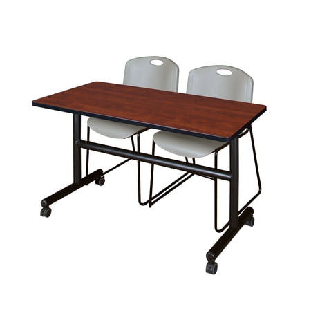 Kobe 48" Cherry Flip Top Mobile Training Table and 2 Zeng Stack Chairs, Multiple Colors-Cherry/Grey
