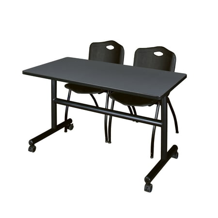 Regency Kobe 48 x 24 in. Flip-Top Training Nesting Table- Grey, 2 M Stack Chairs- Black