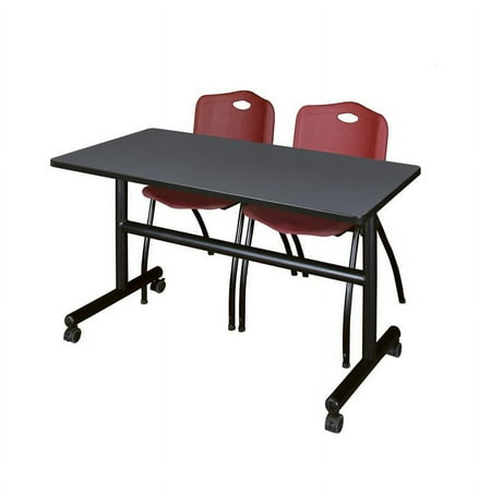 Kobe 48" Flip Top Mobile Training Table- Grey & 2 'M' Stack Chairs- Burgundy