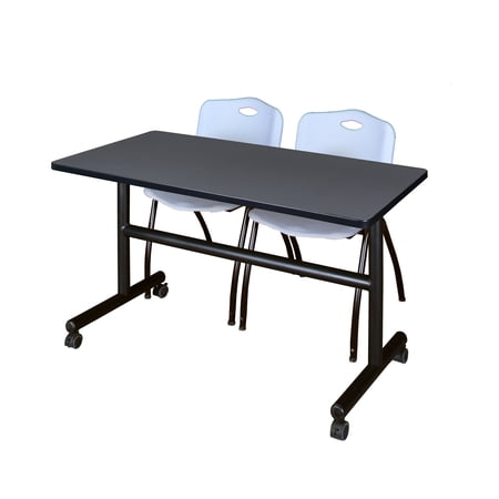 Regency Kobe 48 x 24 in. Flip-Top Training Nesting Table- Grey, 2 M Stack Chairs- Grey