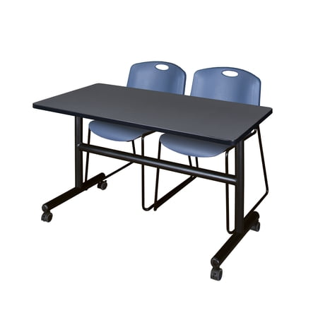 Kobe 48" Gray Flip Top Mobile Training Table and 2 Zeng Stack Chairs, Multiple Colors-Grey/Blue