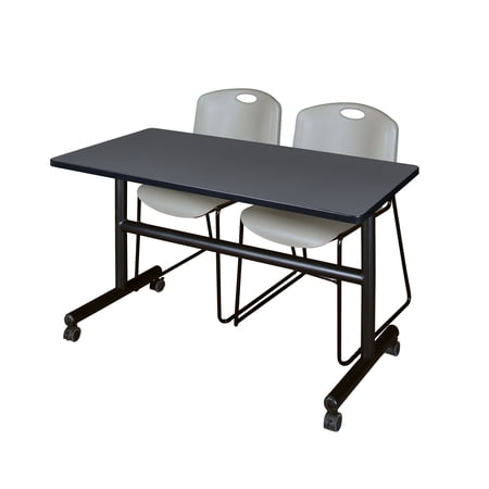 Regency Kobe 48 x 24 in. Flip-Top Training Nesting Table- Grey, 2 Zeng Stack Chairs- Grey